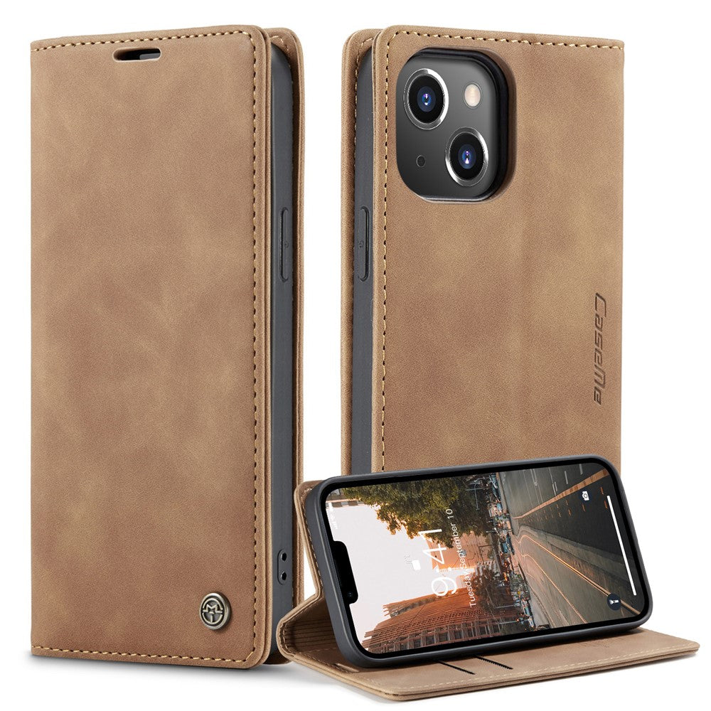 CASEME 013 Series for iPhone 14 6.1 inch Shockproof PU Leather Wallet Case Magnetic Auto-absorbed Stand Phone Cover
