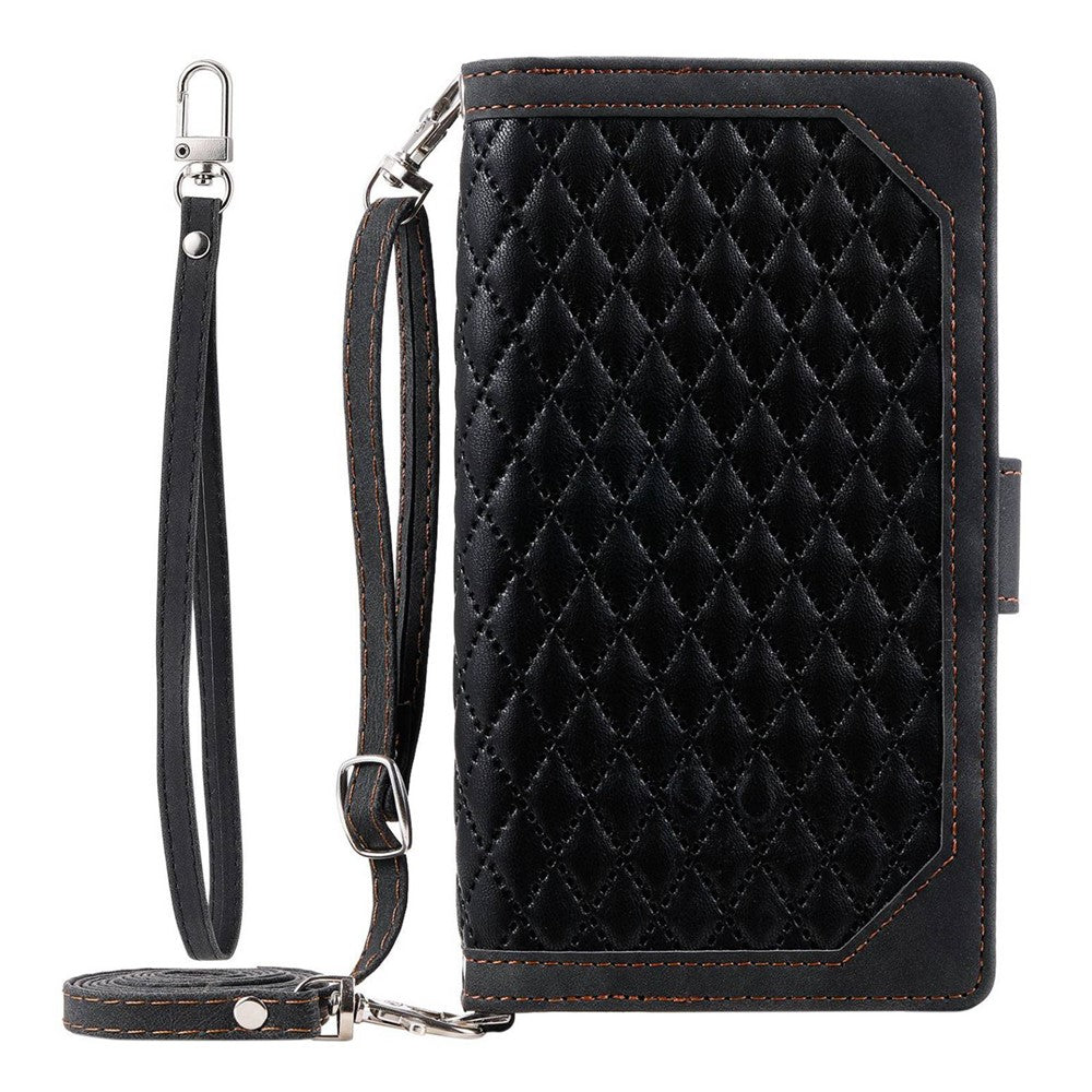 005 Style For iPhone 14 Pro Max 6.7 inch, Drop-proof Phone Flip Wallet Case Stand PU Leather Rhombus Texture Zipper Pocket Anti-scratch Cellphone Cover with Strap