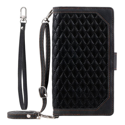 005 Style For iPhone 14 Pro Max 6.7 inch, Drop-proof Phone Flip Wallet Case Stand PU Leather Rhombus Texture Zipper Pocket Anti-scratch Cellphone Cover with Strap
