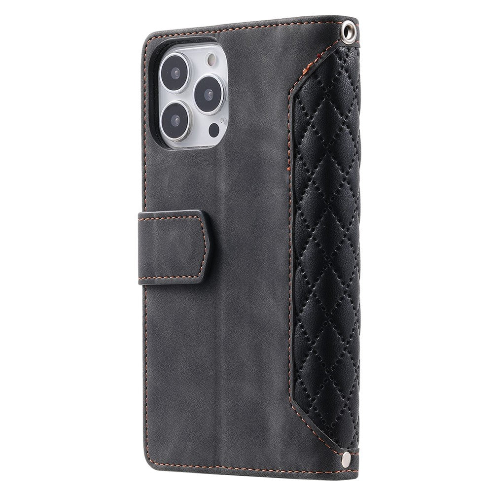 005 Style For iPhone 14 Pro Max 6.7 inch, Drop-proof Phone Flip Wallet Case Stand PU Leather Rhombus Texture Zipper Pocket Anti-scratch Cellphone Cover with Strap