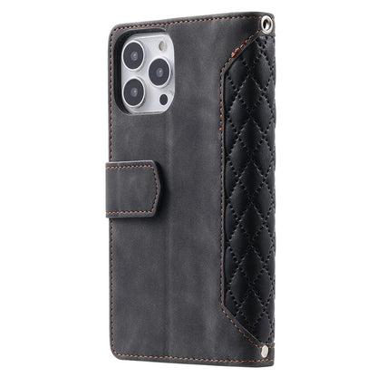 005 Style For iPhone 14 Pro Max 6.7 inch, Drop-proof Phone Flip Wallet Case Stand PU Leather Rhombus Texture Zipper Pocket Anti-scratch Cellphone Cover with Strap