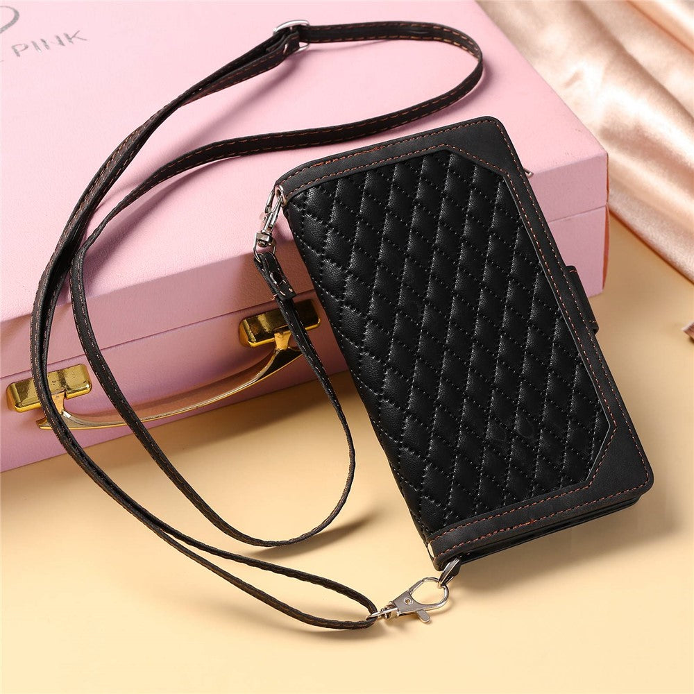 005 Style For iPhone 14 Pro Max 6.7 inch, Drop-proof Phone Flip Wallet Case Stand PU Leather Rhombus Texture Zipper Pocket Anti-scratch Cellphone Cover with Strap