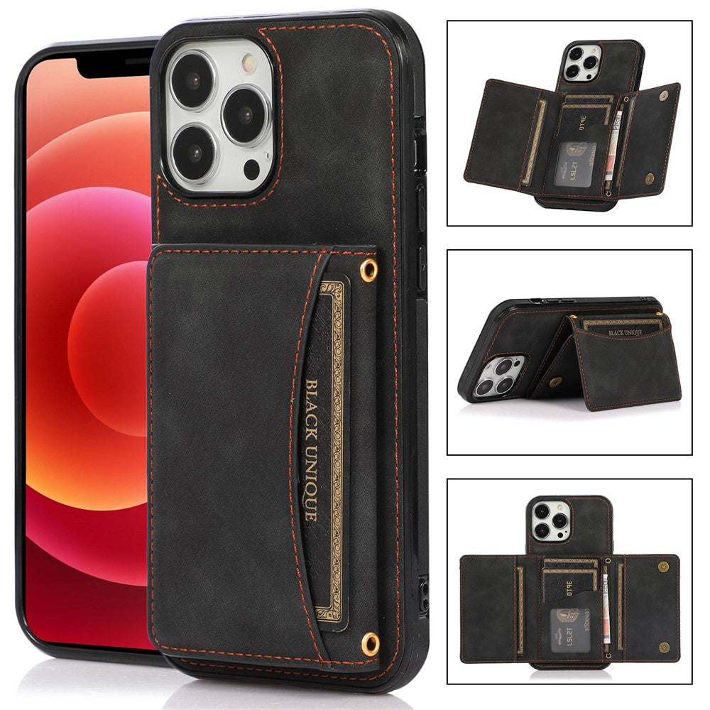 For iPhone 14 6.1 inch Drop-Proof Phone Wallet Case Kickstand Multifunctional Well-Protected Mobile Phone Back Cover Card Holder