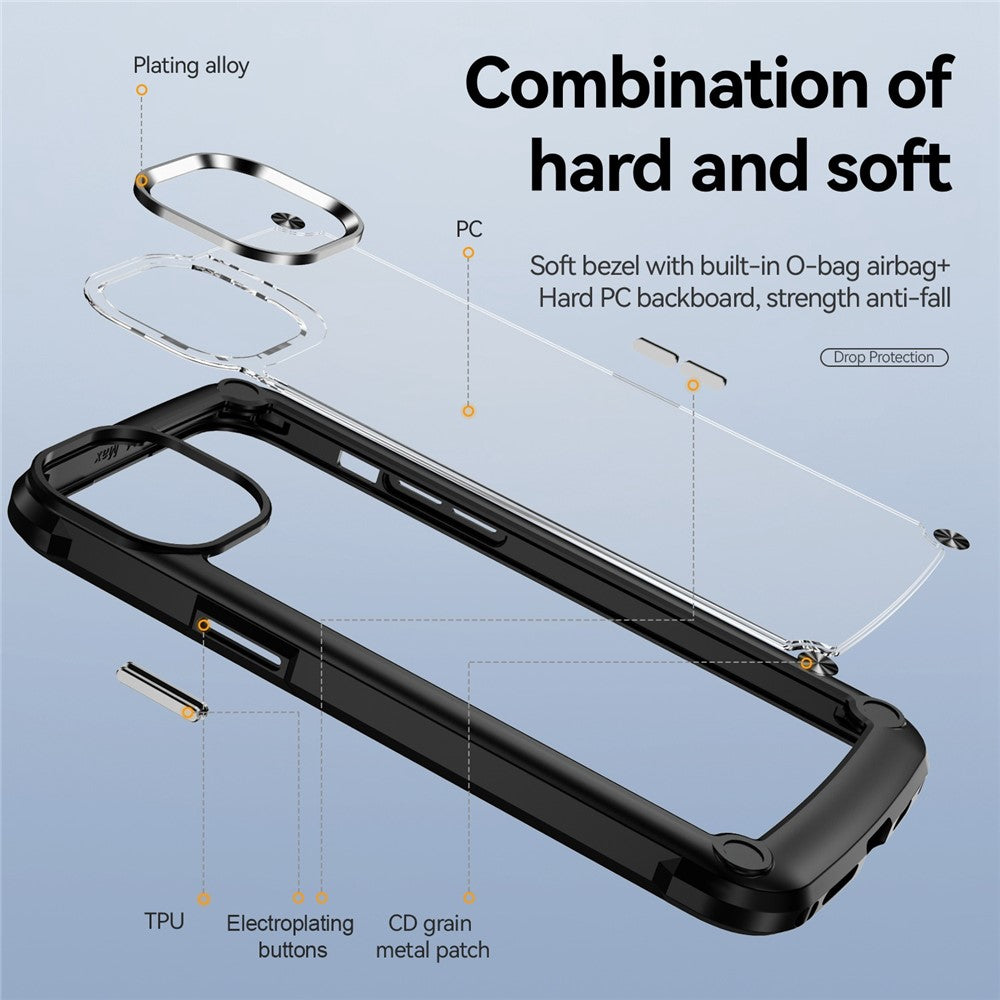 For iPhone 14 Pro Max 6.7 inch Drop-proof Phone Case Anti-scratch PC+TPU Mobile Phone Protective Back Cover Support Wireless Charging