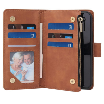 For iPhone 14 Pro Max 6.7 inch Shockproof PU Leather Phone Wallet Case with Multiple Card Slots Zipper Pocket Flip Cover Stand