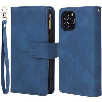 For iPhone 14 Pro Max 6.7 inch Shockproof PU Leather Phone Wallet Case with Multiple Card Slots Zipper Pocket Flip Cover Stand