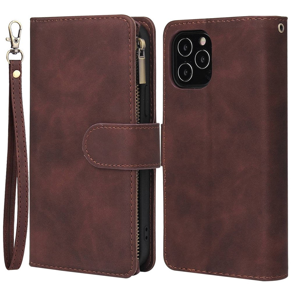 For iPhone 14 Pro Max 6.7 inch Shockproof PU Leather Phone Wallet Case with Multiple Card Slots Zipper Pocket Flip Cover Stand