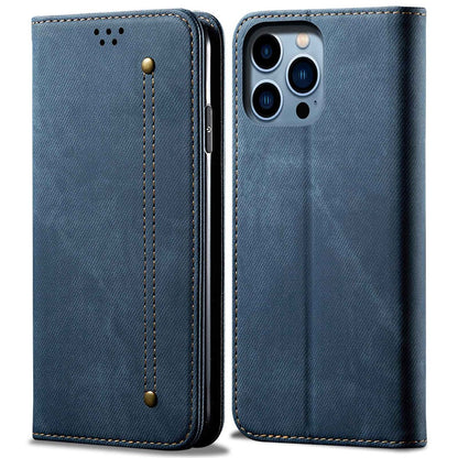 For iPhone 14 Pro Max 6.7 inch Full Protection Phone Wallet Cover Stand Jeans Cloth Texture Magnetic Flip Leather Mobile Phone Case