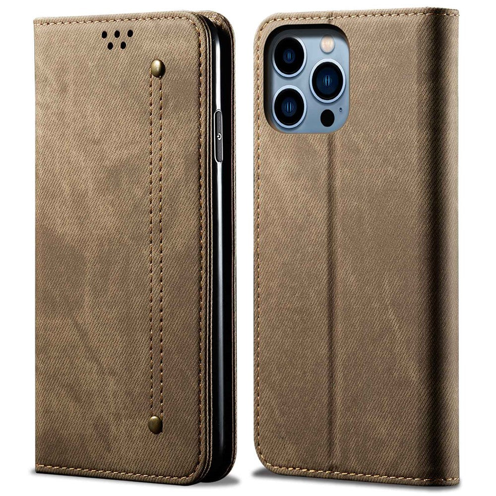 For iPhone 14 Pro Max 6.7 inch Full Protection Phone Wallet Cover Stand Jeans Cloth Texture Magnetic Flip Leather Mobile Phone Case