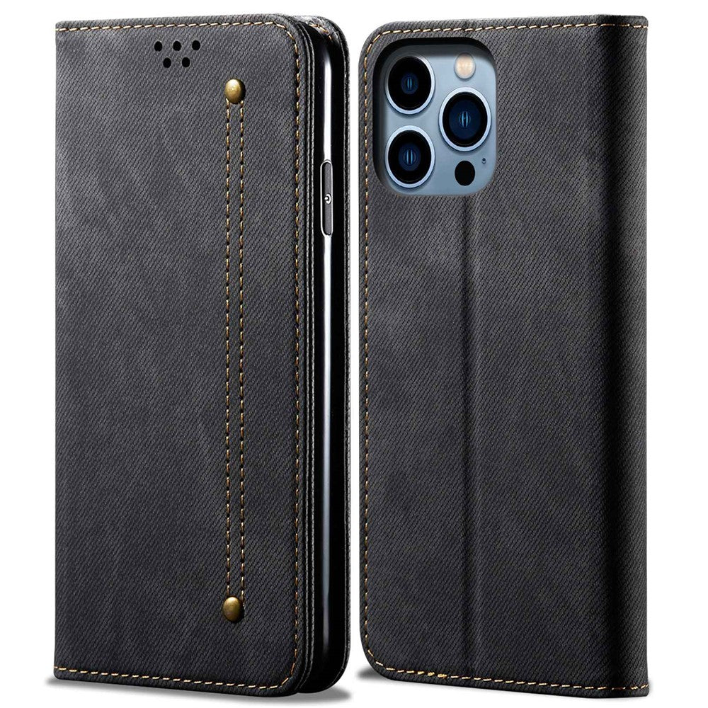 For iPhone 14 Pro Max 6.7 inch Full Protection Phone Wallet Cover Stand Jeans Cloth Texture Magnetic Flip Leather Mobile Phone Case