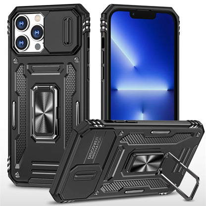 Mobile Phone Case for iPhone 14 Pro Max 6.7 inch, PC + TPU Ring Kickstand Cell Phone Shell with Slide Camera Protector
