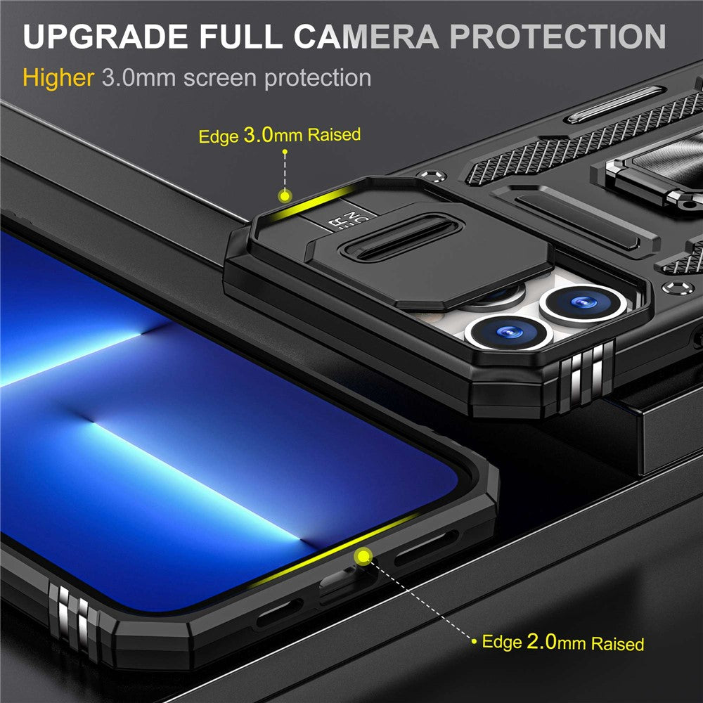 Mobile Phone Case for iPhone 14 Pro Max 6.7 inch, PC + TPU Ring Kickstand Cell Phone Shell with Slide Camera Protector