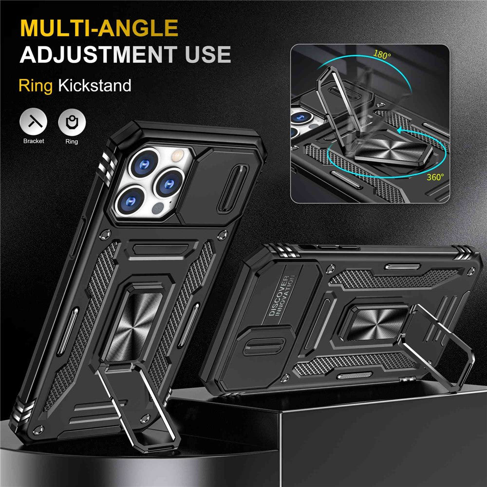 Mobile Phone Case for iPhone 14 Pro Max 6.7 inch, PC + TPU Ring Kickstand Cell Phone Shell with Slide Camera Protector