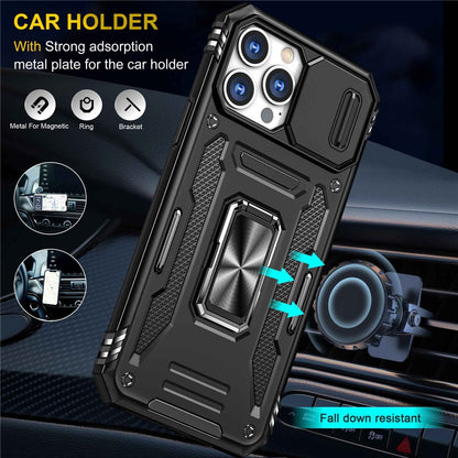 Mobile Phone Case for iPhone 14 Pro Max 6.7 inch, PC + TPU Ring Kickstand Cell Phone Shell with Slide Camera Protector