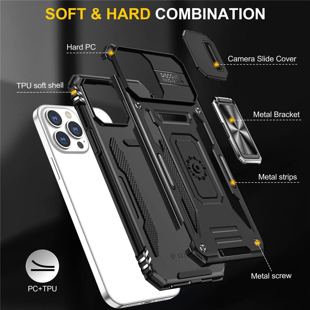 Mobile Phone Case for iPhone 14 Pro Max 6.7 inch, PC + TPU Ring Kickstand Cell Phone Shell with Slide Camera Protector