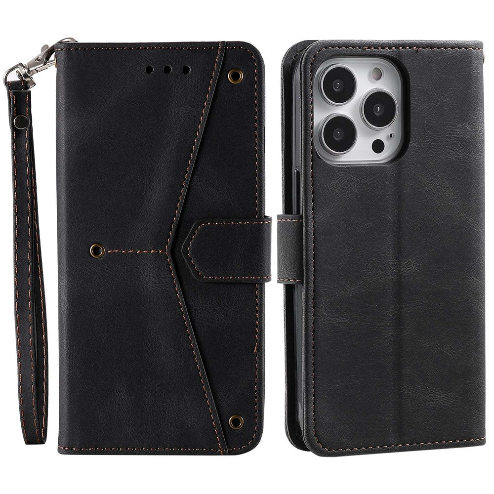 For iPhone 14 Pro Max 6.7 inch Stand Function Splicing Stitching Skin-touch Phone Cover PU Leather+TPU Case