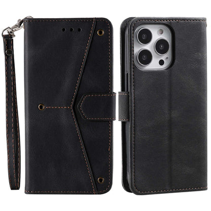 For iPhone 14 Pro Max 6.7 inch Stand Function Splicing Stitching Skin-touch Phone Cover PU Leather+TPU Case