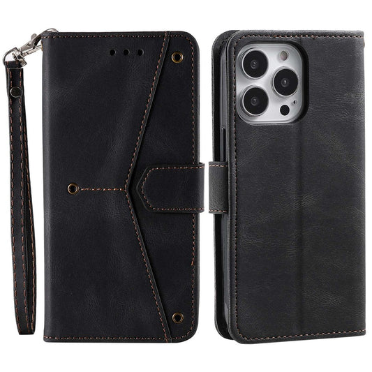 For iPhone 14 Pro Max 6.7 inch Stand Function Splicing Stitching Skin-touch Phone Cover PU Leather+TPU Case