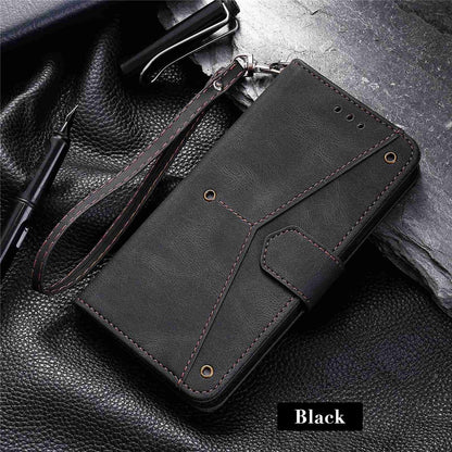 For iPhone 14 Pro Max 6.7 inch Stand Function Splicing Stitching Skin-touch Phone Cover PU Leather+TPU Case