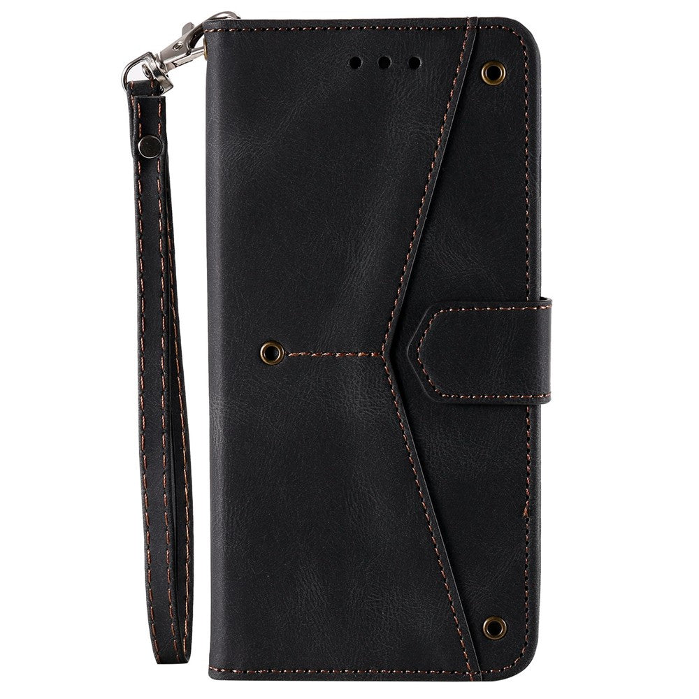 For iPhone 14 Pro Max 6.7 inch Stand Function Splicing Stitching Skin-touch Phone Cover PU Leather+TPU Case