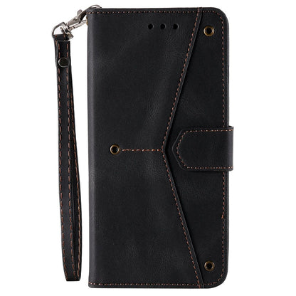 For iPhone 14 Pro Max 6.7 inch Stand Function Splicing Stitching Skin-touch Phone Cover PU Leather+TPU Case