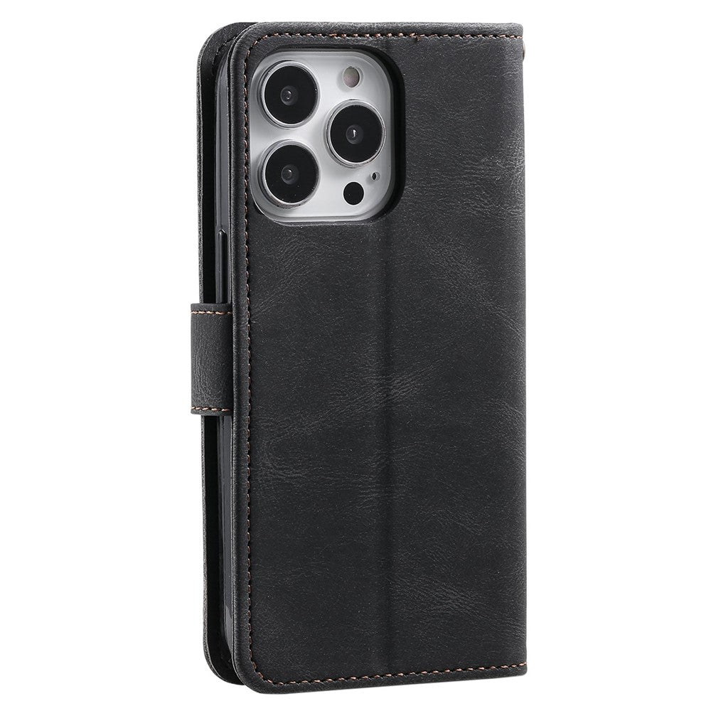 For iPhone 14 Pro Max 6.7 inch Stand Function Splicing Stitching Skin-touch Phone Cover PU Leather+TPU Case