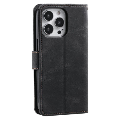For iPhone 14 Pro Max 6.7 inch Stand Function Splicing Stitching Skin-touch Phone Cover PU Leather+TPU Case