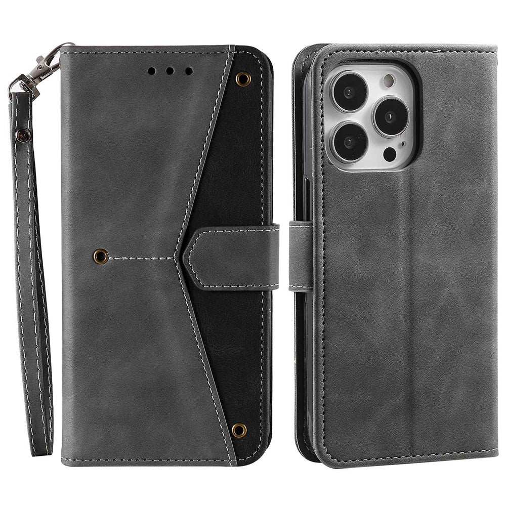 For iPhone 14 Pro Max 6.7 inch Stand Function Splicing Stitching Skin-touch Phone Cover PU Leather+TPU Case