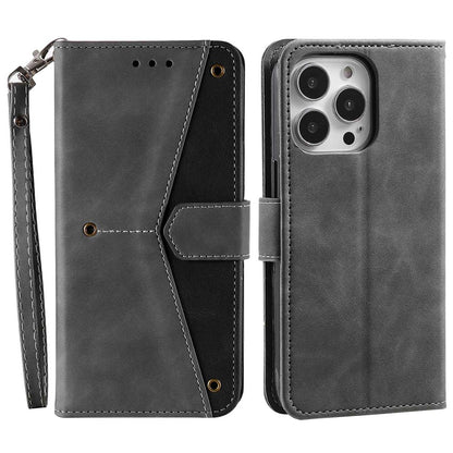 For iPhone 14 Pro Max 6.7 inch Stand Function Splicing Stitching Skin-touch Phone Cover PU Leather+TPU Case