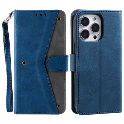 For iPhone 14 Pro Max 6.7 inch Stand Function Splicing Stitching Skin-touch Phone Cover PU Leather+TPU Case