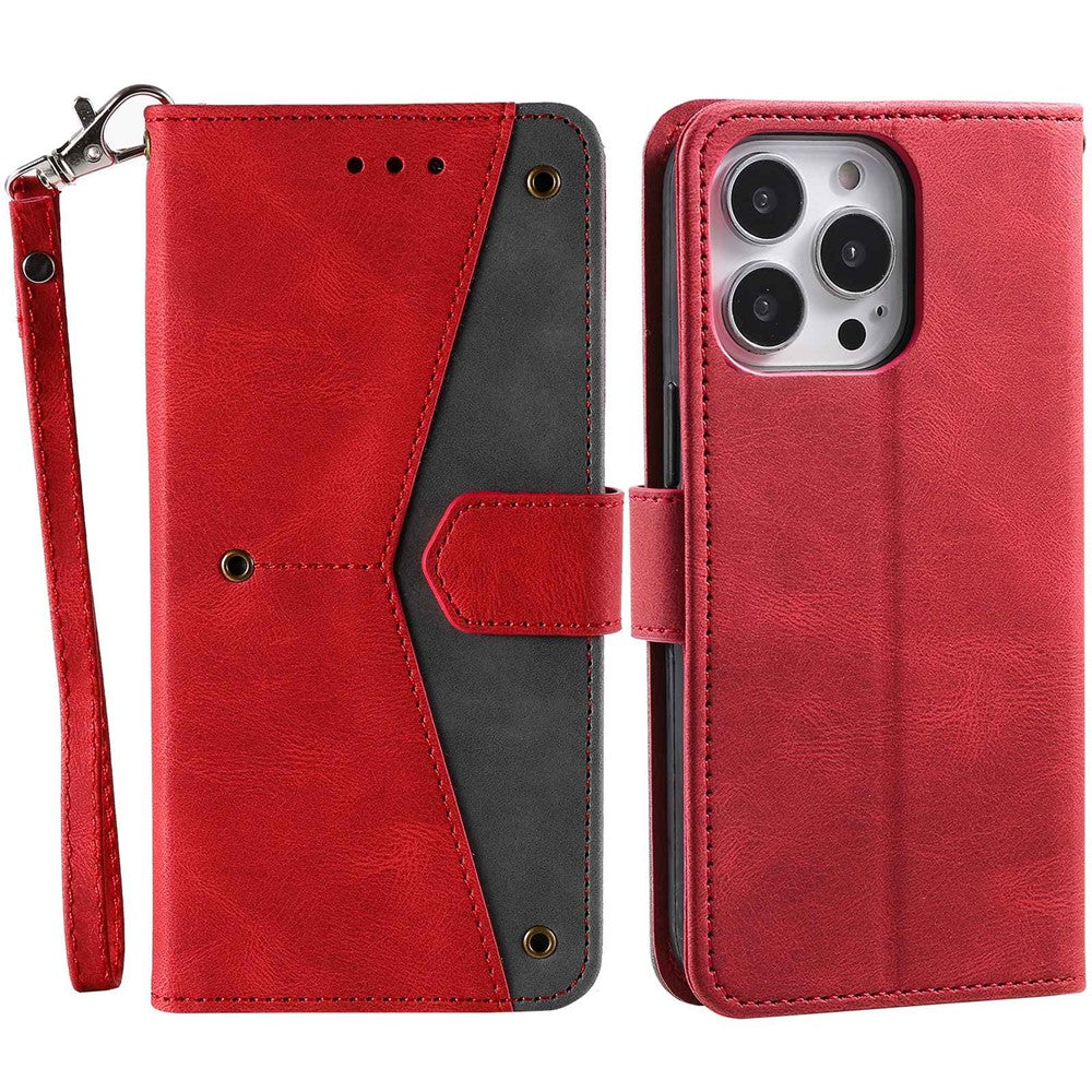 For iPhone 14 Pro Max 6.7 inch Stand Function Splicing Stitching Skin-touch Phone Cover PU Leather+TPU Case