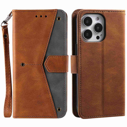 For iPhone 14 Pro Max 6.7 inch Stand Function Splicing Stitching Skin-touch Phone Cover PU Leather+TPU Case