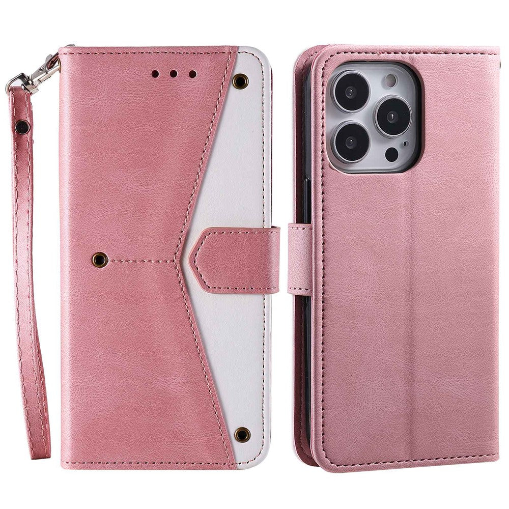 For iPhone 14 Pro Max 6.7 inch Stand Function Splicing Stitching Skin-touch Phone Cover PU Leather+TPU Case