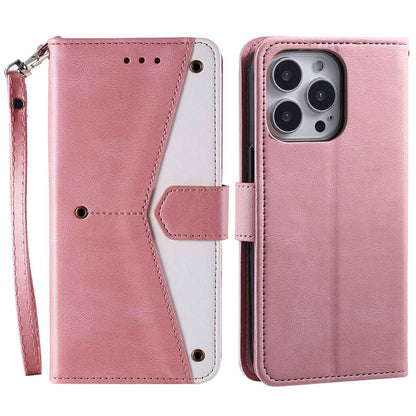 For iPhone 14 Pro Max 6.7 inch Stand Function Splicing Stitching Skin-touch Phone Cover PU Leather+TPU Case