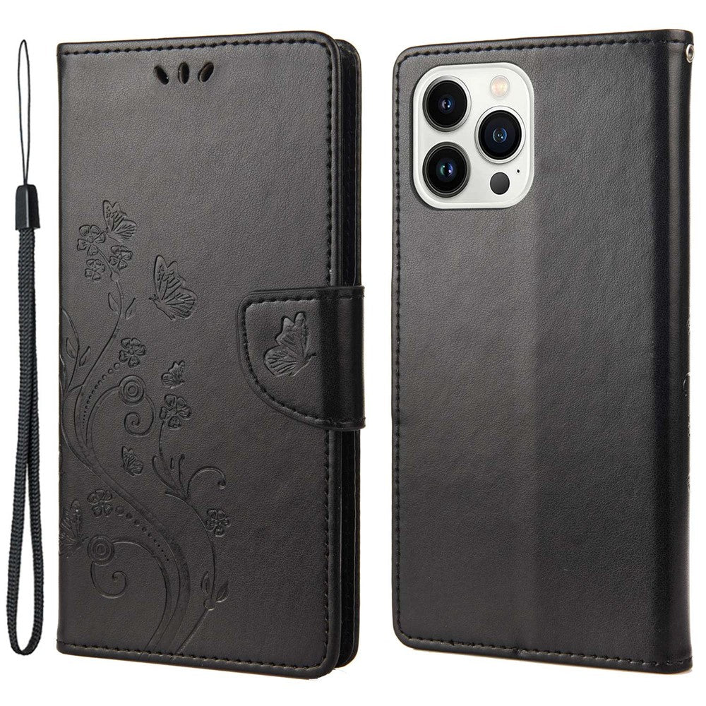 For iPhone 14 Pro Max 6.7 inch Imprinted Butterflies Flower Leather Mobile Phone Case Wallet Stand Phone Cover Bag