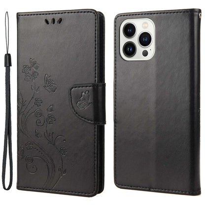 For iPhone 14 Pro Max 6.7 inch Imprinted Butterflies Flower Leather Mobile Phone Case Wallet Stand Phone Cover Bag