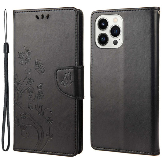For iPhone 14 Pro Max 6.7 inch Imprinted Butterflies Flower Leather Mobile Phone Case Wallet Stand Phone Cover Bag