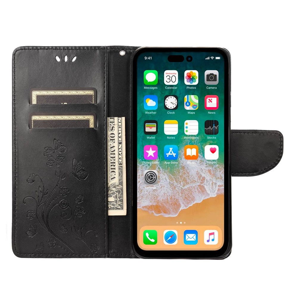 For iPhone 14 Pro Max 6.7 inch Imprinted Butterflies Flower Leather Mobile Phone Case Wallet Stand Phone Cover Bag