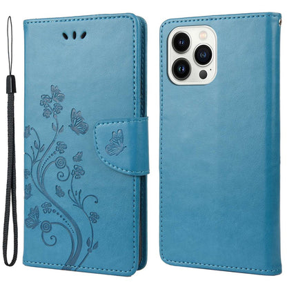For iPhone 14 Pro Max 6.7 inch Imprinted Butterflies Flower Leather Mobile Phone Case Wallet Stand Phone Cover Bag
