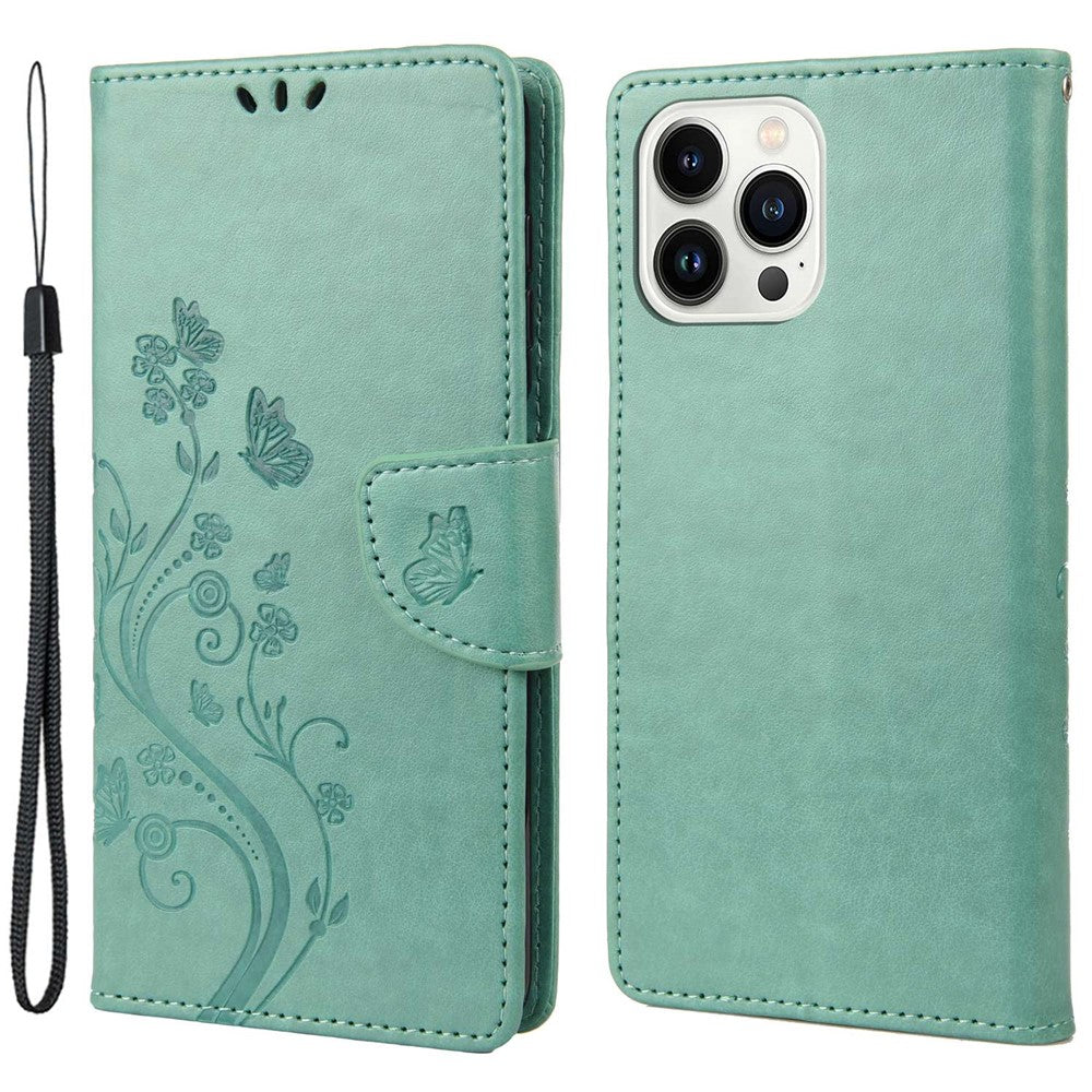 For iPhone 14 Pro Max 6.7 inch Imprinted Butterflies Flower Leather Mobile Phone Case Wallet Stand Phone Cover Bag