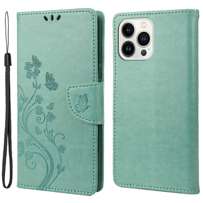 For iPhone 14 Pro Max 6.7 inch Imprinted Butterflies Flower Leather Mobile Phone Case Wallet Stand Phone Cover Bag