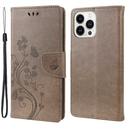 For iPhone 14 Pro Max 6.7 inch Imprinted Butterflies Flower Leather Mobile Phone Case Wallet Stand Phone Cover Bag