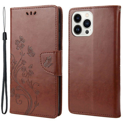 For iPhone 14 Pro Max 6.7 inch Imprinted Butterflies Flower Leather Mobile Phone Case Wallet Stand Phone Cover Bag