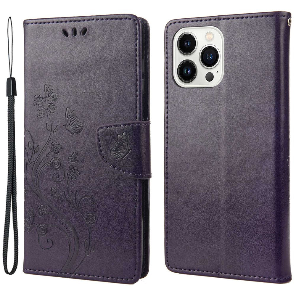 For iPhone 14 Pro Max 6.7 inch Imprinted Butterflies Flower Leather Mobile Phone Case Wallet Stand Phone Cover Bag