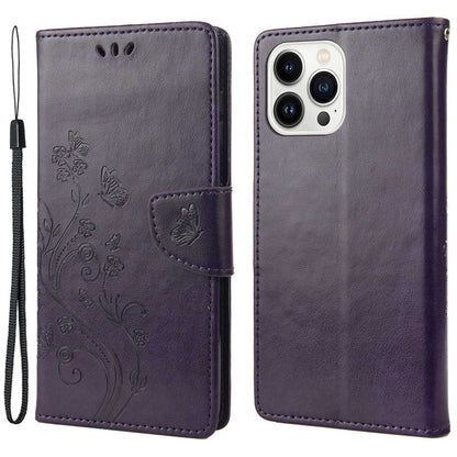 For iPhone 14 Pro Max 6.7 inch Imprinted Butterflies Flower Leather Mobile Phone Case Wallet Stand Phone Cover Bag
