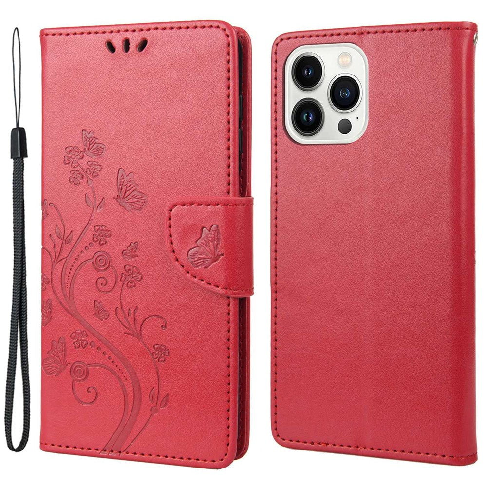 For iPhone 14 Pro Max 6.7 inch Imprinted Butterflies Flower Leather Mobile Phone Case Wallet Stand Phone Cover Bag