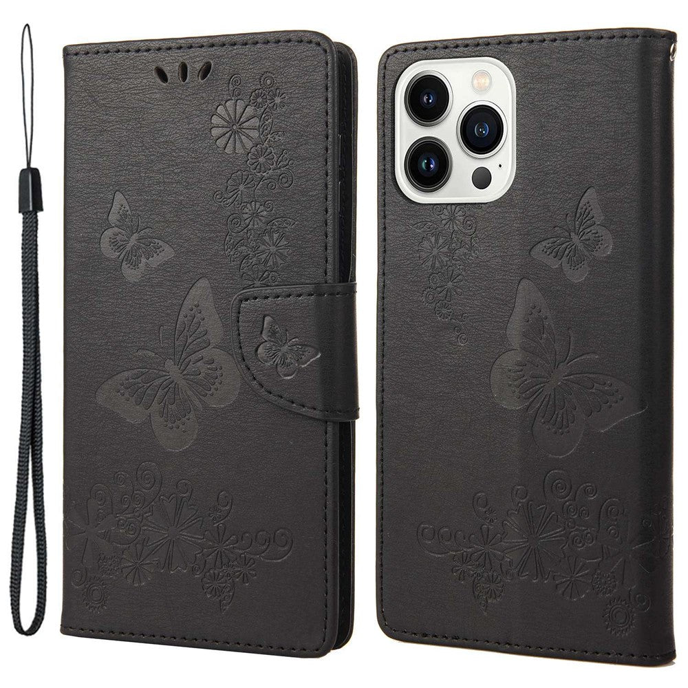 For iPhone 14 Pro Max 6.7 inch Supporting Stand PU Leather Imprinting Big Butterflies Flower Pattern Phone Cover Wallet Phone Case with Strap