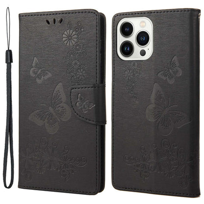 For iPhone 14 Pro Max 6.7 inch Supporting Stand PU Leather Imprinting Big Butterflies Flower Pattern Phone Cover Wallet Phone Case with Strap