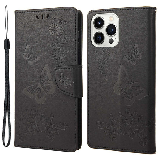 For iPhone 14 Pro Max 6.7 inch Supporting Stand PU Leather Imprinting Big Butterflies Flower Pattern Phone Cover Wallet Phone Case with Strap