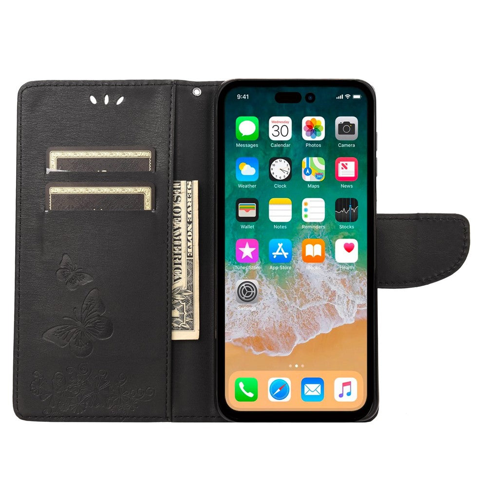 For iPhone 14 Pro Max 6.7 inch Supporting Stand PU Leather Imprinting Big Butterflies Flower Pattern Phone Cover Wallet Phone Case with Strap